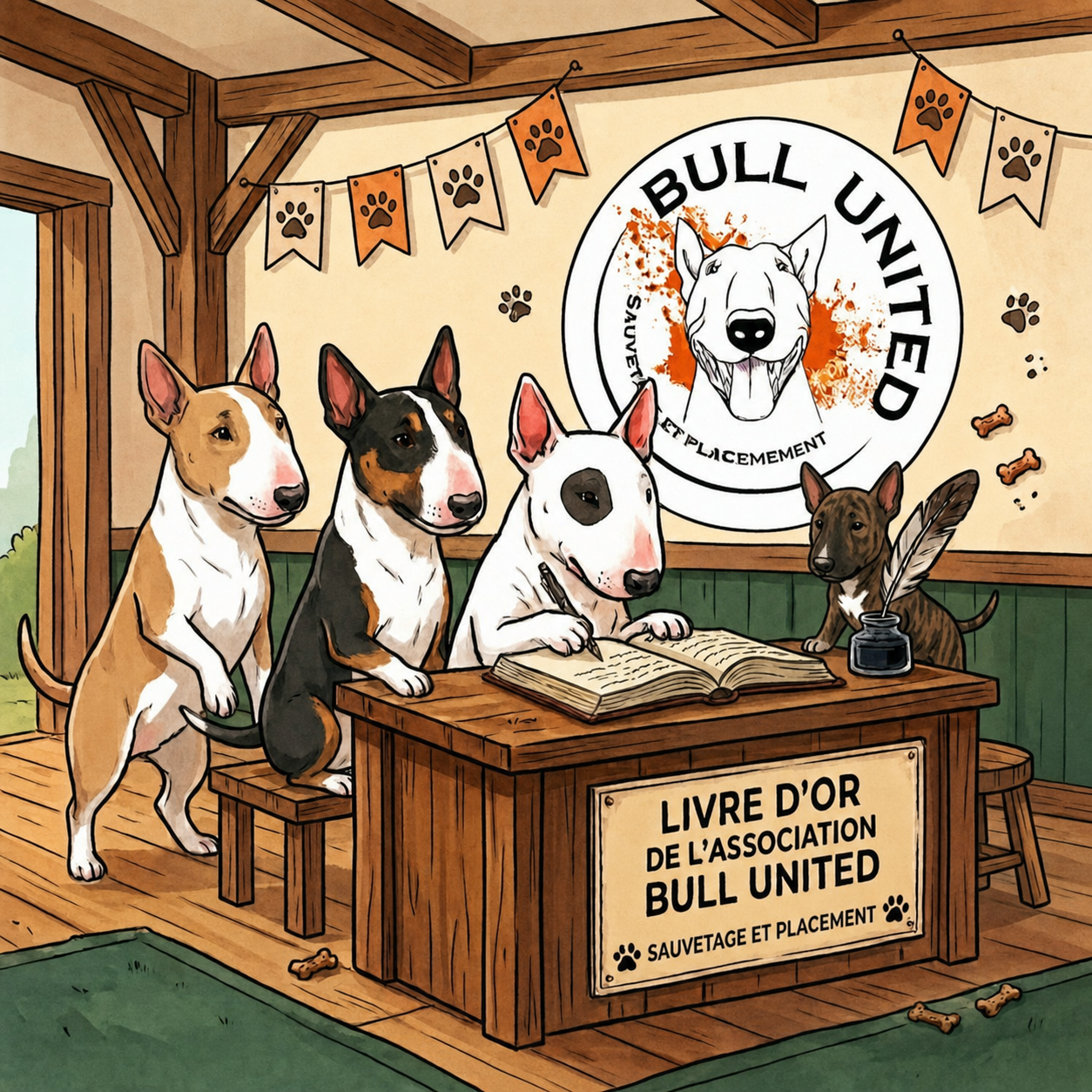 Des Bull Terriers réunis autour du livre d’or de Bull United